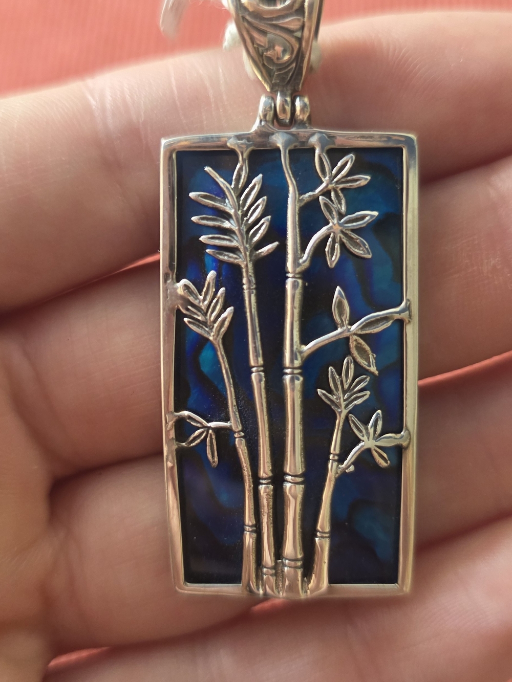 Hand Crafted Silver Bamboo Pendant with Blue Abalone Inlay